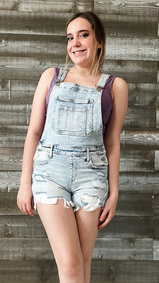 risen acid light wash distressed shortalls shorts overalls RDS6055