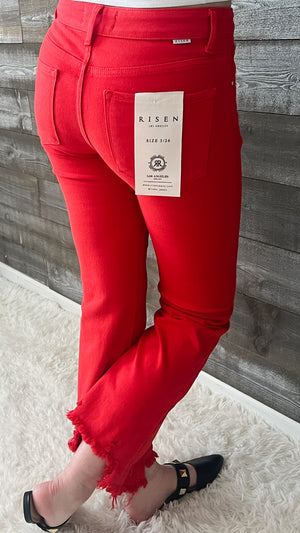 risen mid rise straight step hem jeans fiesta red RDP5813