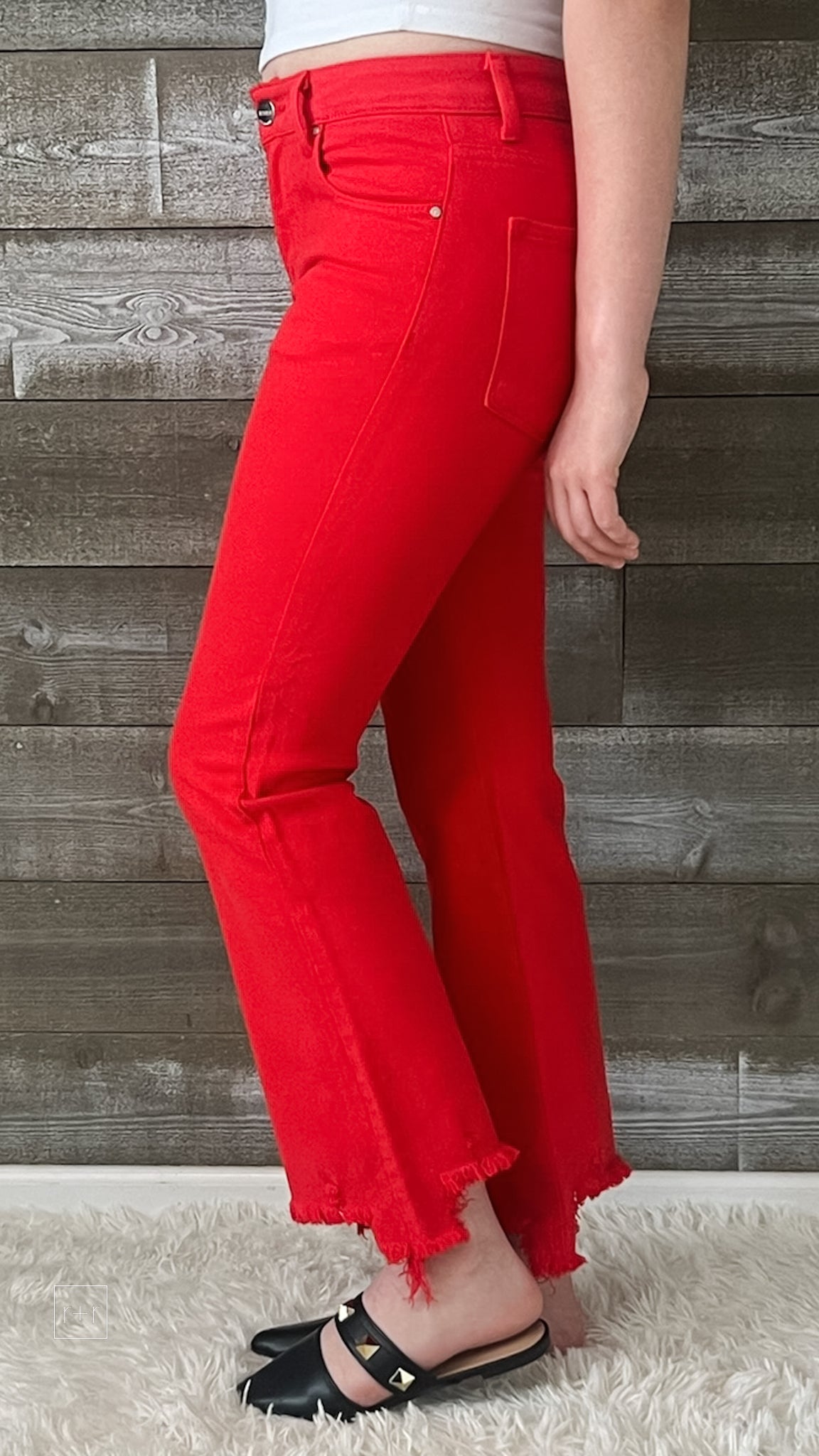 risen mid rise straight step hem jeans fiesta red RDP5813