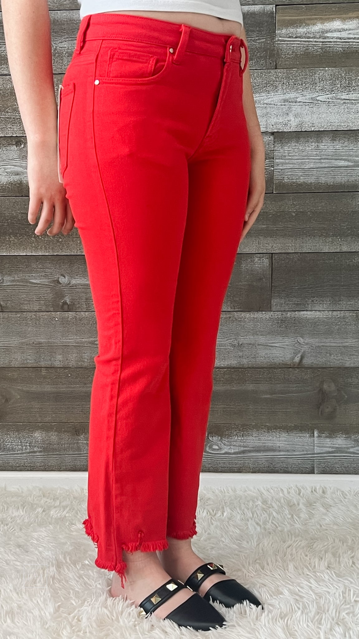 risen mid rise straight step hem jeans fiesta red RDP5813