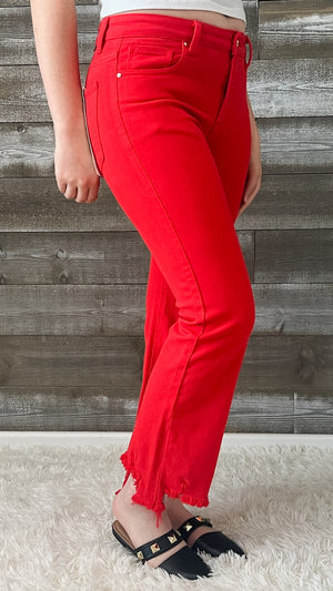 risen mid rise straight step hem jeans fiesta red RDP5813