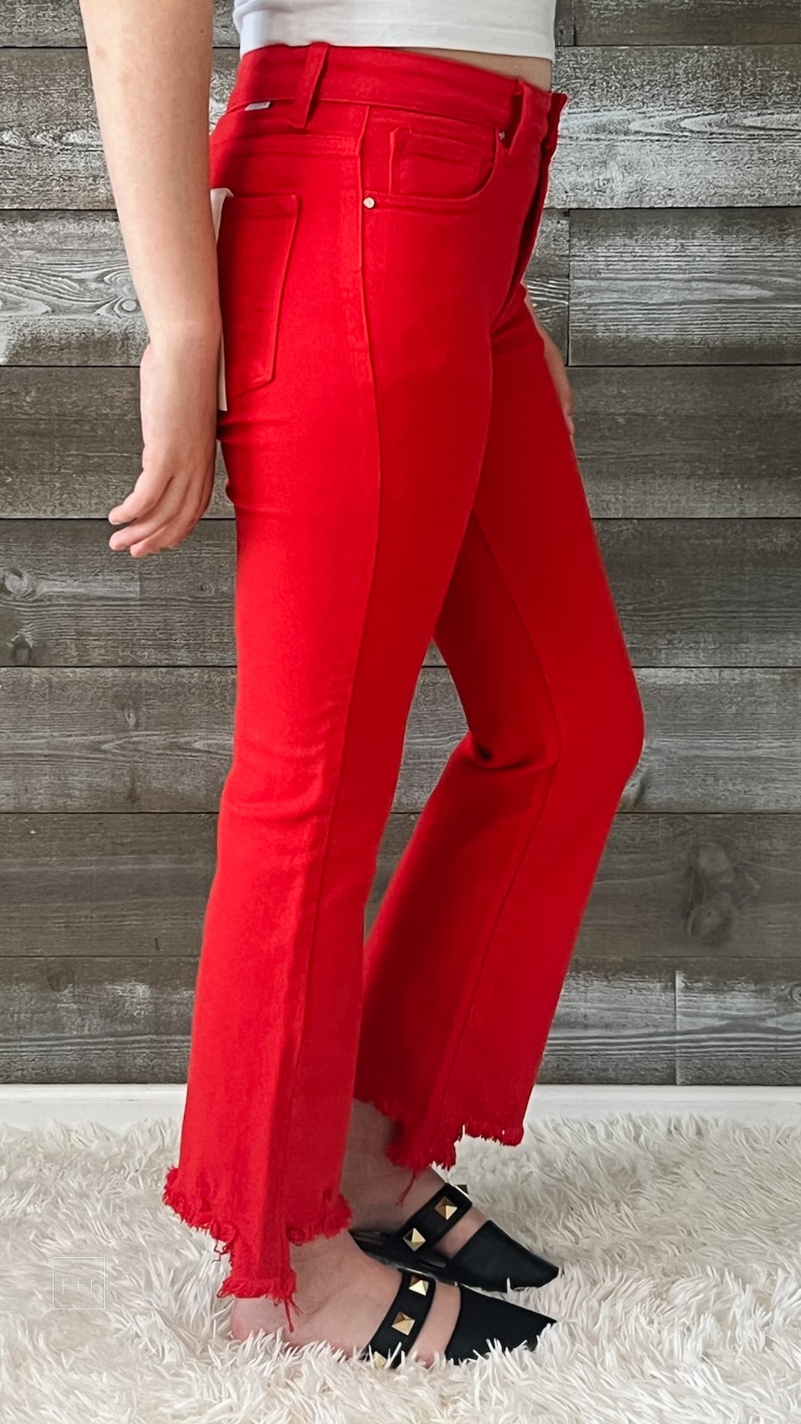 risen mid rise straight step hem jeans fiesta red RDP5813