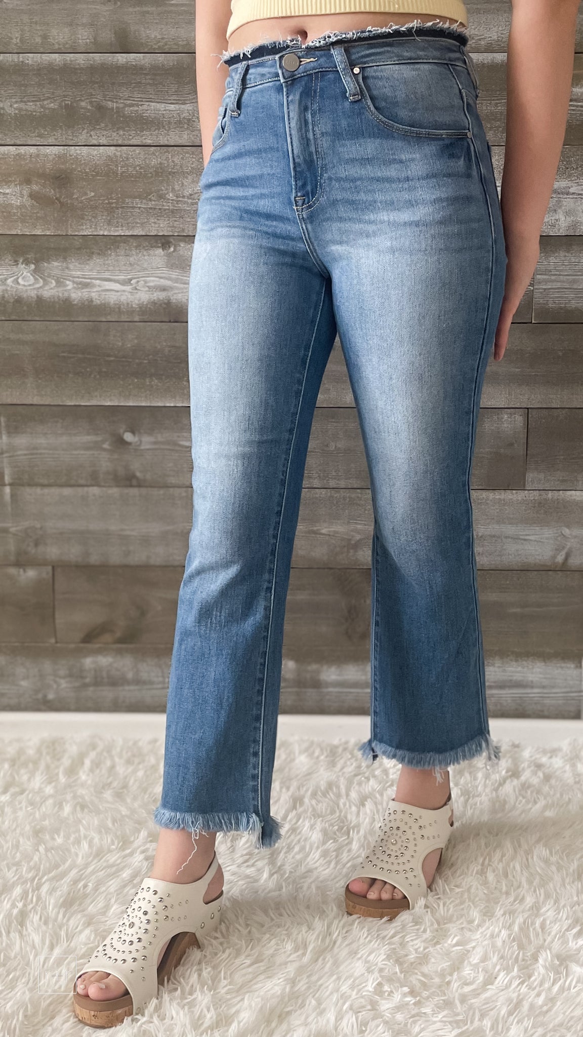 Medium Wash High Rise Cropped Flare Jeans