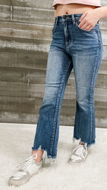 risen high rise frayed hem ankle flare jeans in medium wash RDP1059