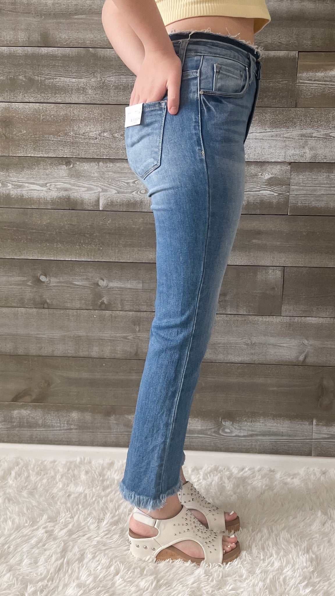 risen high rise cropped flare frayed jeans in medium wash RDP5168
