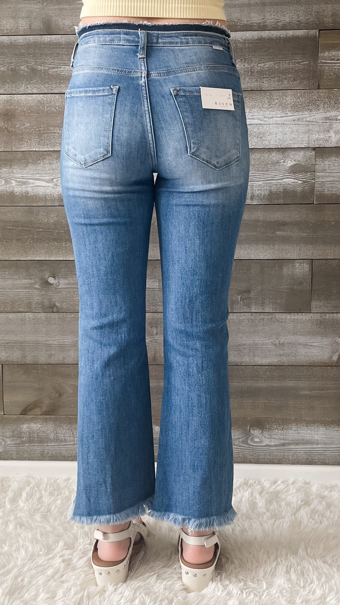 risen high rise cropped flare frayed jeans in medium wash RDP5168 – rivers  & roads boutique