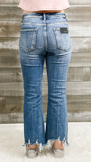 risen high rise frayed hem ankle flare jeans in medium wash RDP1059