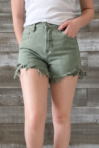 risen high rise side step fray hem cutoff shorts olive RDS6160