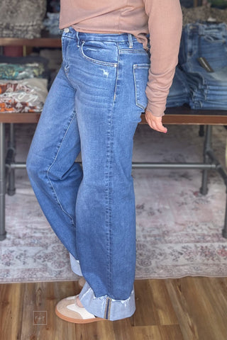 Risen High Rise Wide Leg Jeans With Wide Cuff PW21743 Medium Wash side veiw