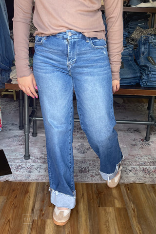 Risen High Rise Wide Leg Jeans With Wide Cuff PW21743 Medium Wash front view