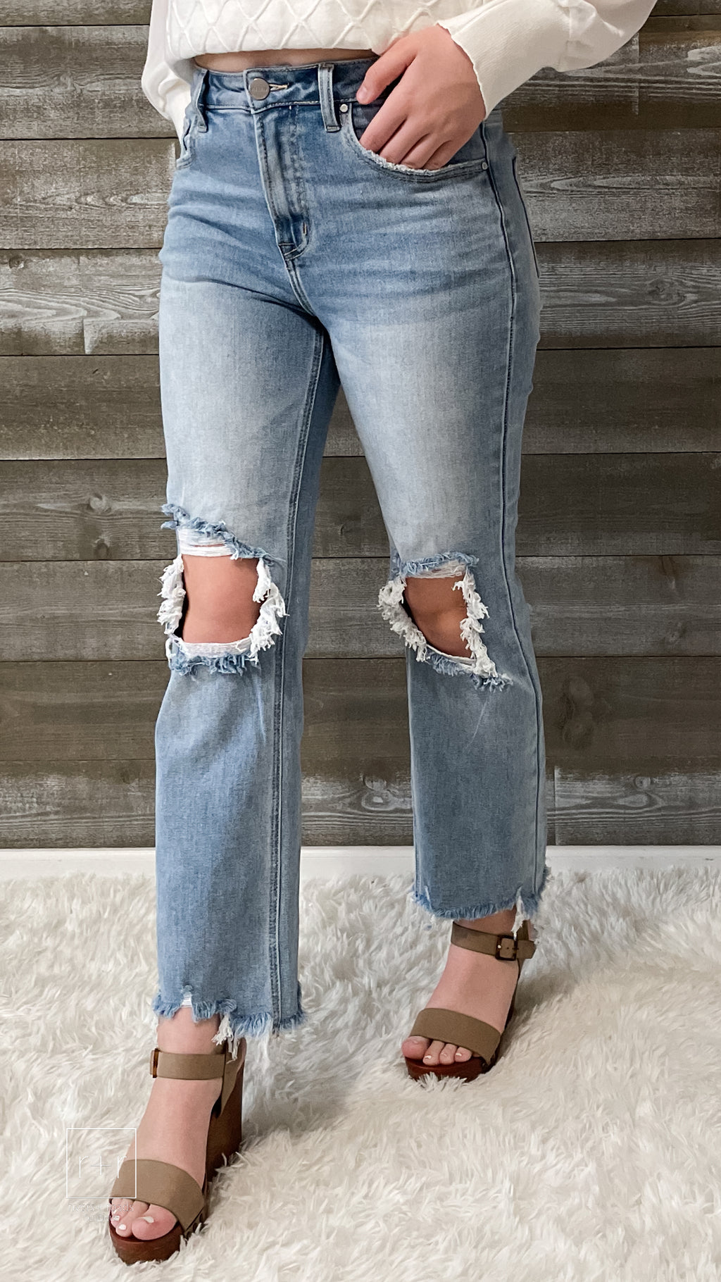 risen high rise straight crop jeans in light wash RDP5002