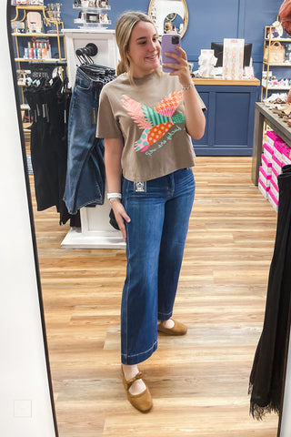 Risen mid rise dark wash wide leg ankle jeans PSA20152 with offset side seam