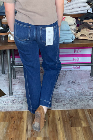 Risen dark wash mid rise wide leg ankle jeans PSA20152 with 28.5 inch inseam