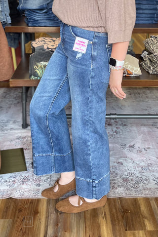 Risen Tummy Control Crop Wide Leg Jeans Seam Detail PWC21899 Medium side view
