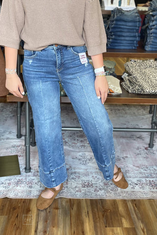 Risen Tummy Control Crop Wide Leg Jeans Seam Detail PWC21899 Medium front view