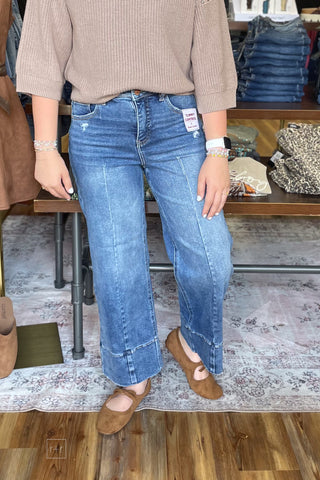 Risen Tummy Control Crop Wide Leg Jeans Seam Detail PWC21899 Medium front detail