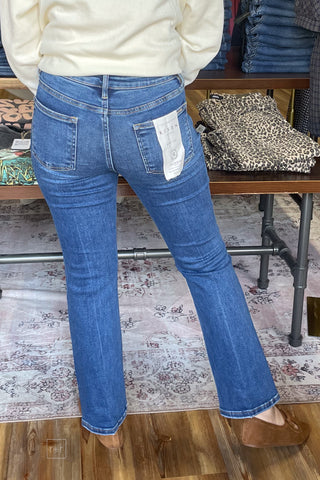 Risen Jeans Tummy Control Mid Rise Ankle Flare Crease Line PBA21900 dark wash denim back view
