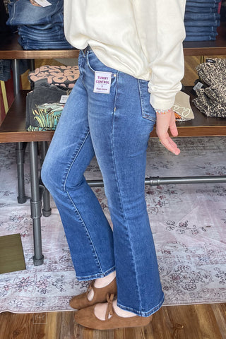 Risen Jeans Tummy Control Mid Rise Ankle Flare Crease Line PBA21900 dark wash denim side view