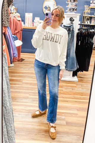 Risen Jeans Tummy Control Mid Rise Ankle Flare Crease Line PBA21900 dark wash denim mirror selfie