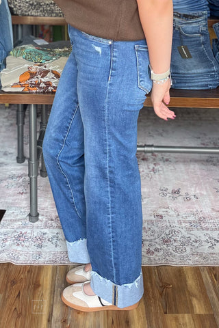 Risen High Rise Wide Leg Jeans With Wide Cuff PW21743 Medium Wash side view