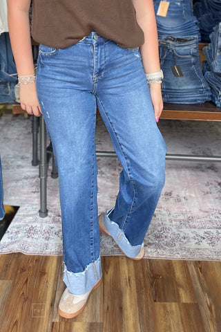Risen High Rise Wide Leg Jeans With Wide Cuff PW21743 Medium Wash front view