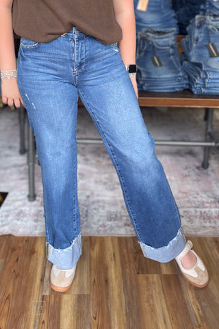 Risen High Rise Wide Leg Jeans With Wide Cuff PW21743 Medium Wash front view