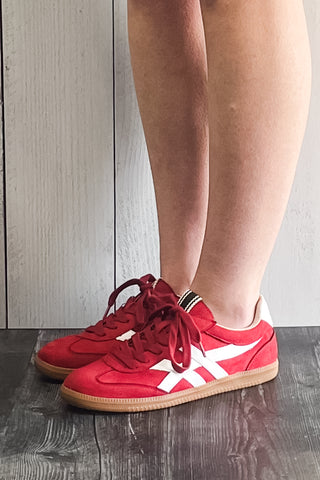 Shu Shop Sasha Red Suede Casual Fashion Sneakers white side stripes