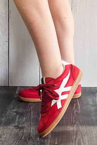 Shu Shop Sasha Red Suede Casual Fashion Sneakers white side stripes