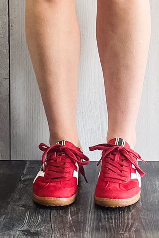 Shu Shop Sasha Red Suede Casual Fashion Sneakers white side stripes