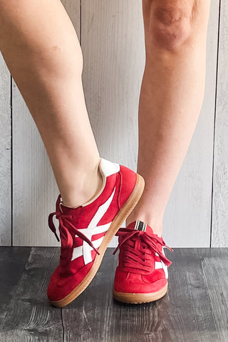 Shu Shop Sasha Red Suede Casual Fashion Sneakers white side stripes