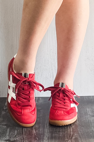 Shu Shop Sasha Red Suede Casual Fashion Sneakers white side stripes