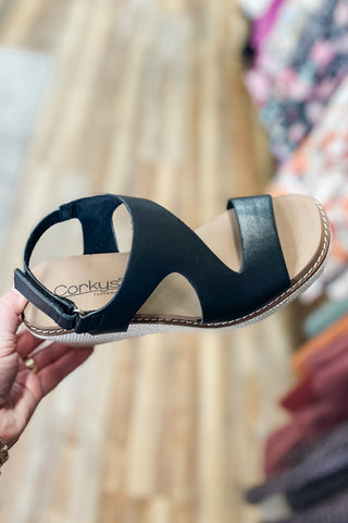 Corkys Footwear Steppin Out Black Wedge Sandals
