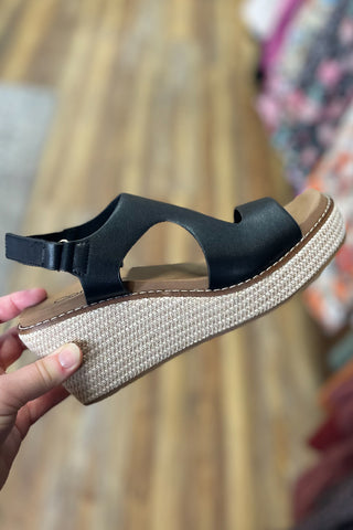 Corkys Footwear Steppin Out Black Wedge Sandals