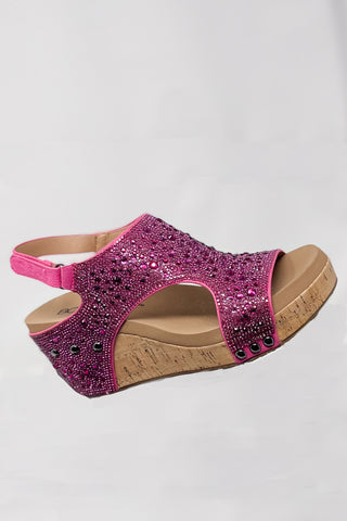 corkys footwear The Ashley in fuchsia Rhinestone sparkly wedge heel perfect for valentines day and other spring and summer occasions