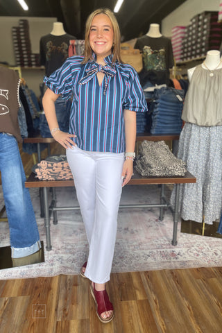 THML Navy Light Blue Red Striped Blouse Short Puff Sleeves Ruffle HIgh Neck Tie Front WCT4048 front view full outfit
perfect for Ole Miss gameday or American ocassion