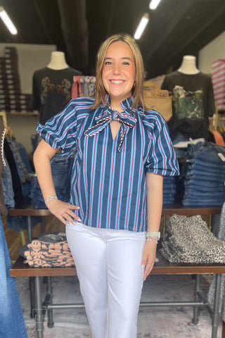 THML Navy Light Blue Red Striped Blouse Short Puff Sleeves Ruffle HIgh Neck Tie Front WCT4048 front view
perfect for Ole Miss gameday or American ocassion