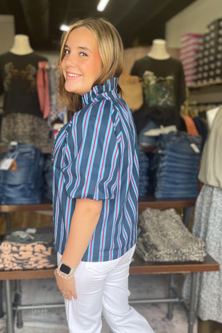 THML Navy Light Blue Red Striped Blouse Short Puff Sleeves Ruffle HIgh Neck Tie Front WCT4048 side view
perfect for Ole Miss gameday or American ocassion