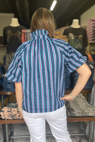 THML Navy Light Blue Red Striped Blouse Short Puff Sleeves Ruffle HIgh Neck Tie Front WCT4048 back view
perfect for Ole Miss gameday or American ocassion