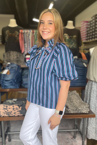 THML Navy Light Blue Red Striped Blouse Short Puff Sleeves Ruffle HIgh Neck Tie Front WCT4048 side view
perfect for Ole Miss gameday or American ocassion