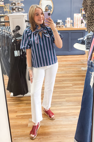 THML Navy Light Blue Red Striped Blouse Short Puff Sleeves Ruffle HIgh Neck Tie Front WCT4048 mirror selfie
perfect for Ole Miss gameday or American ocassion