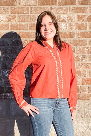THML rust long sleeved blouse embroidered detail srt1950-1