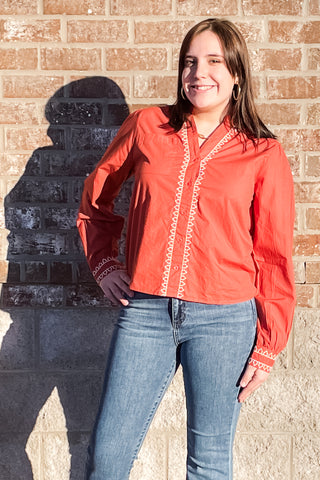 THML rust long sleeved blouse embroidered detail srt1950-1