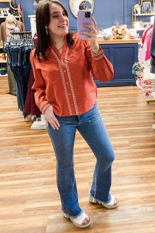 THML rust long sleeved blouse embroidered detail srt1950-1