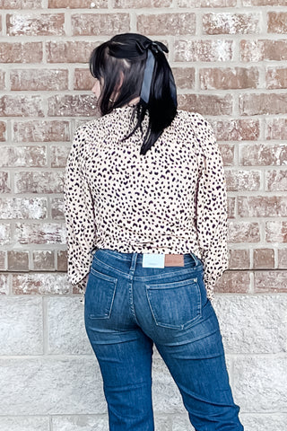 THML long sleeve leopard print cream blouse smocking detail JH1771