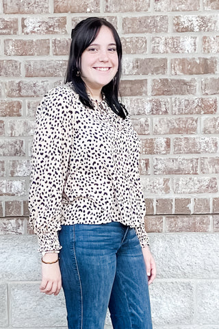 THML long sleeve leopard print cream blouse smocking detail JH1771