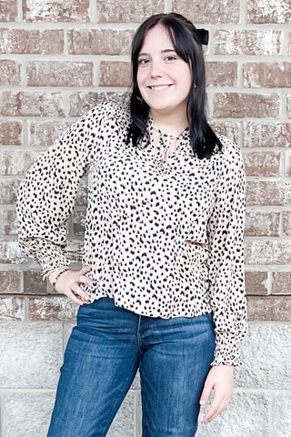 THML long sleeve leopard print cream blouse smocking detail JH1771