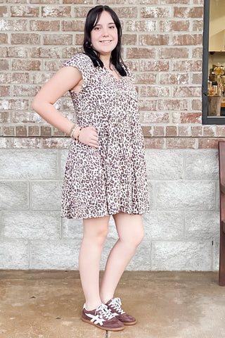 THML beige cheetah leopard print flutter short sleeve mini dress WCT1433