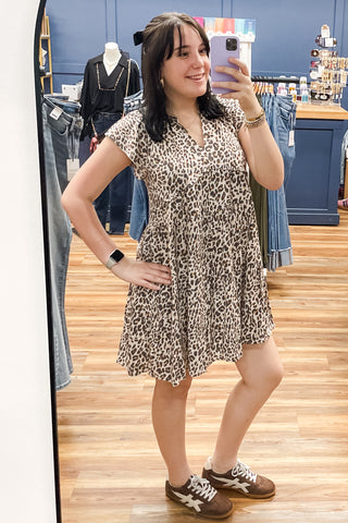 THML beige cheetah leopard print flutter short sleeve mini dress WCT1433