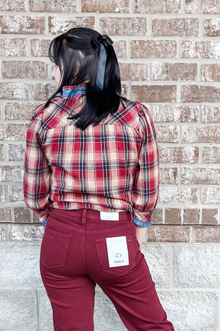 THML holiday red plaid flannel style blouse blue denim trim FTM3158