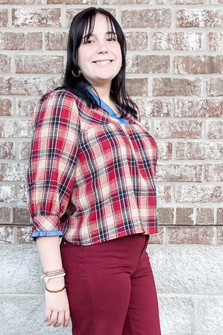 THML holiday red plaid flannel style blouse blue denim trim FTM3158